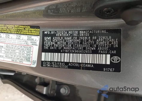2006 Toyota Camry Le/Xle/Se z USA, uszkodzony, nr VIN 4T1BE32K96U652655